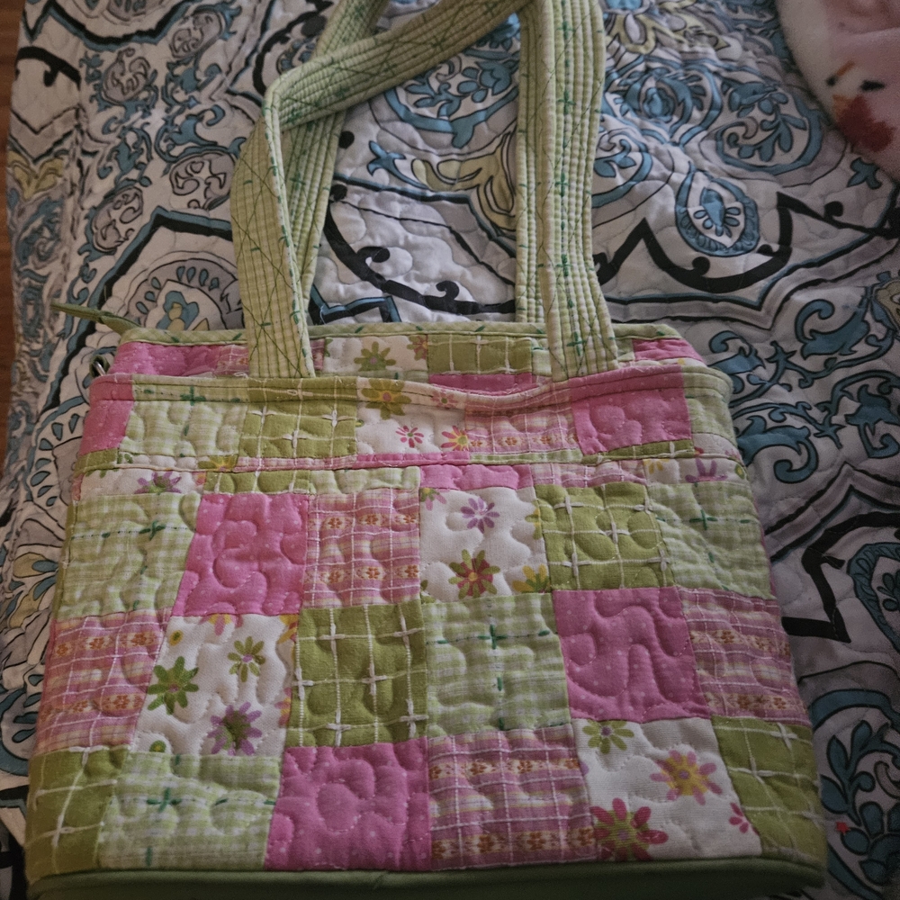 Patchwork Quilted Tote Bag - Pink and Green